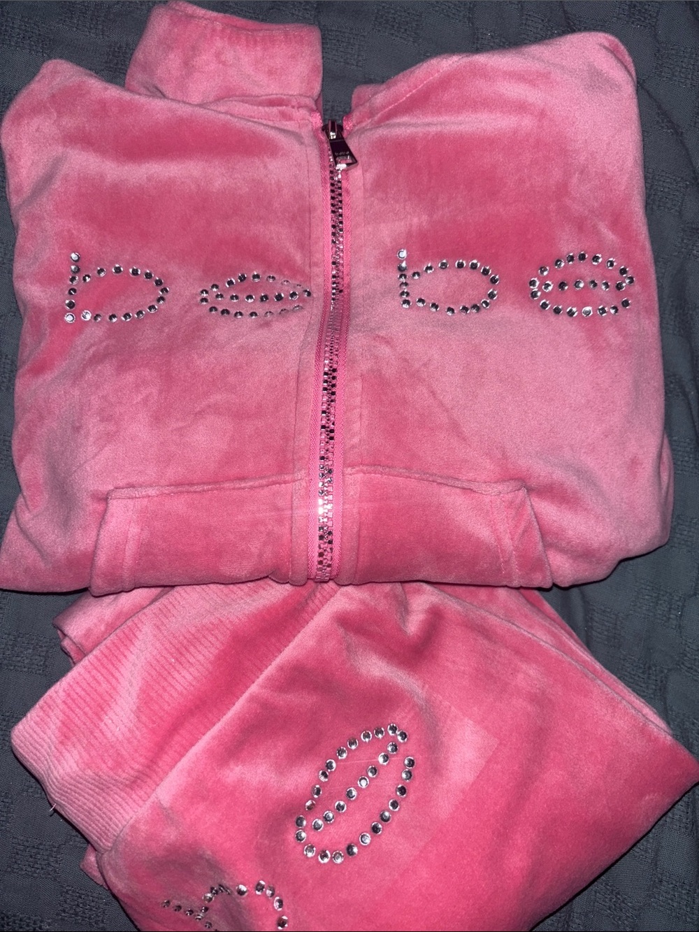 bebe Pink Velour Track Jacket & Joggers with Crystal Logo